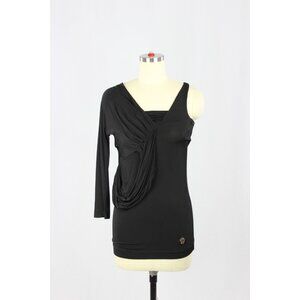 JUST CAVALLI Black Jersey One Shoulder Long Sleeve Draped Blouse Top, Size 42/M